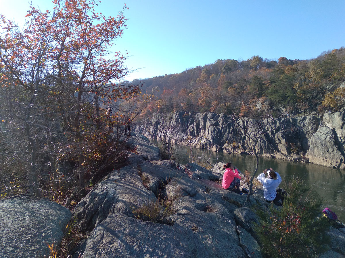 Students on the rocks at Great Falls