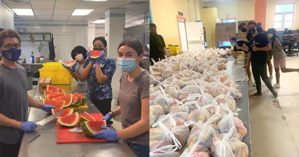 AU student volunteers cut and package food at Thrive DC