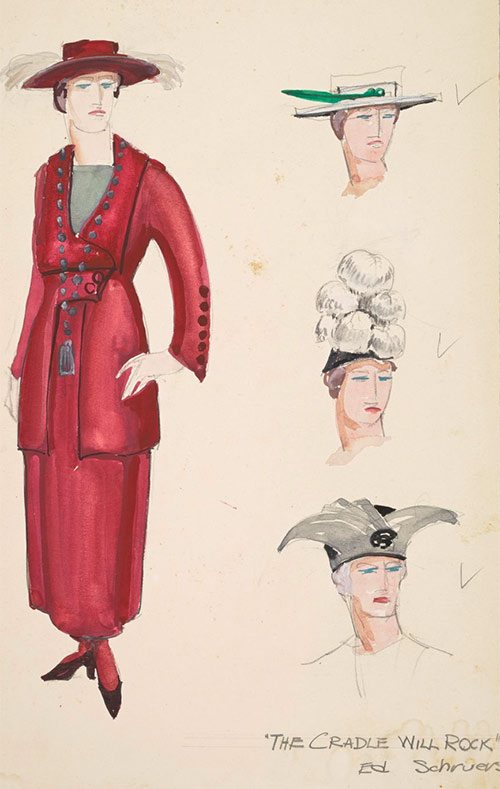Schruers, Ed. The Cradle Will Rock: Red women's suit with matching hat and three alternate hats. New York, 1937. Library of Congress.