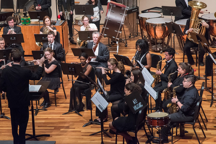 Students playing brass and wind instruments