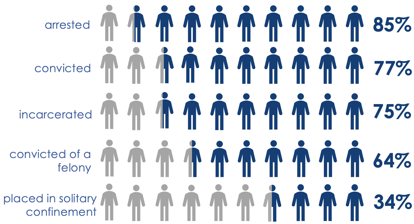 Infochart with 5 rows. Arrested: 85%; convicted: 77%; incarcerated: 75%; convicted of a felony: 64%; placed in solitary confinement: 34%