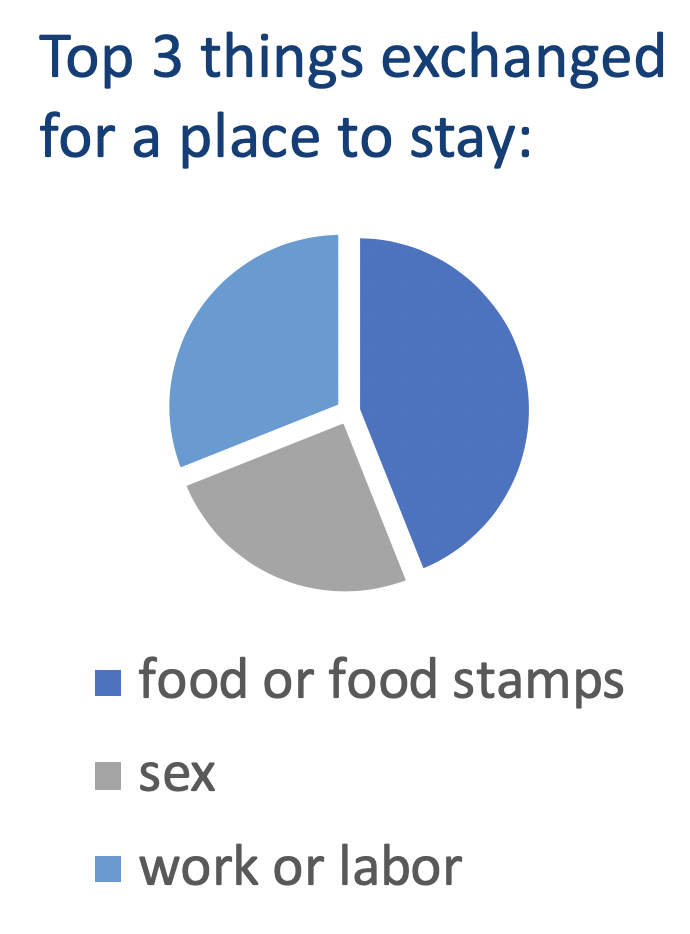 Chart detailing "Top 3 things exchanged for a place to stay". food or food stamps: 51; Sex: 29; Work or labor: 36.