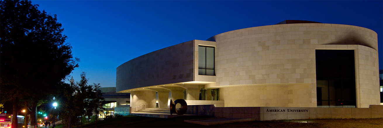 Katzen Arts Center at night.
