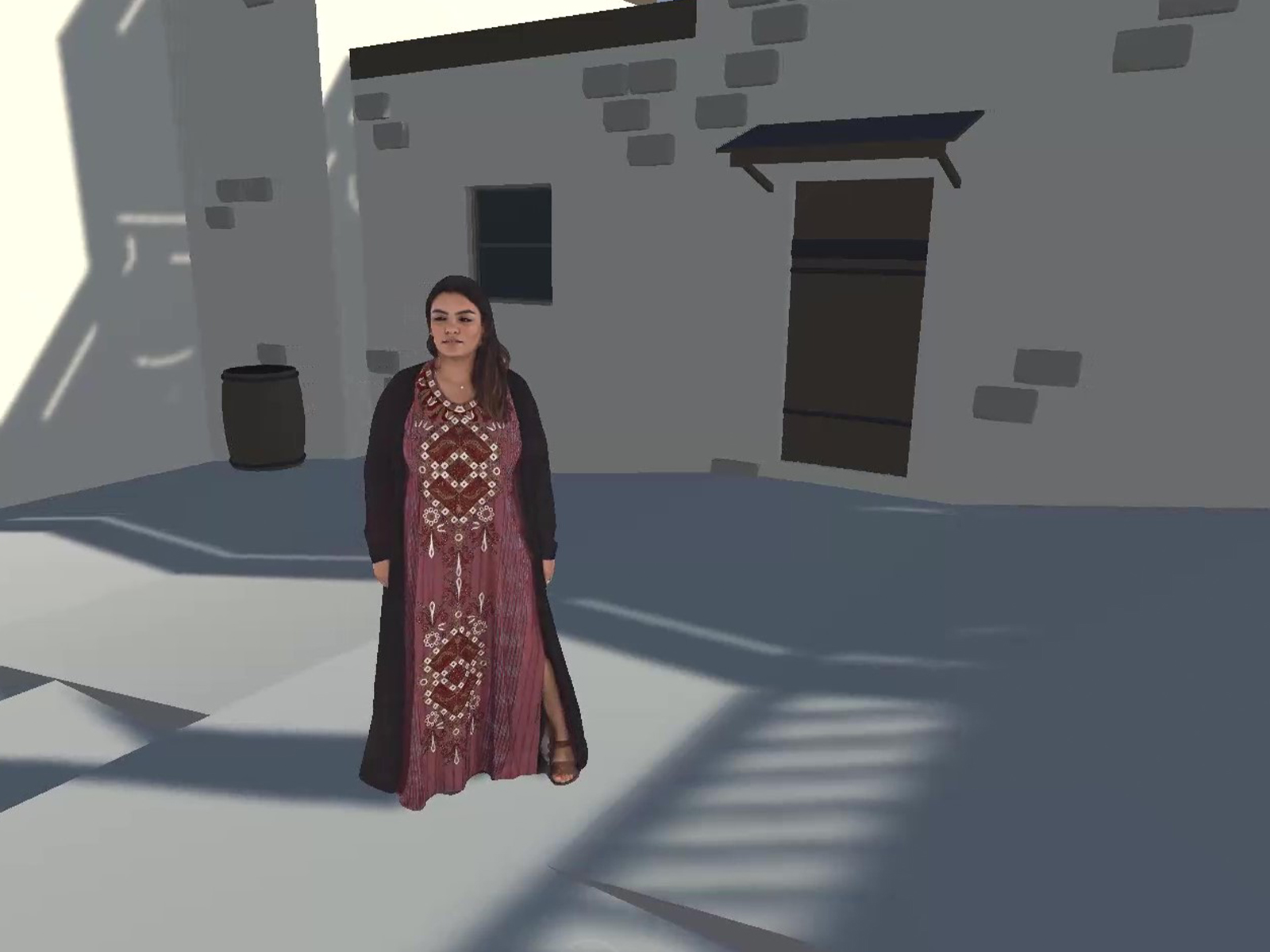 woman in traditional emirate dress standing in 3D world