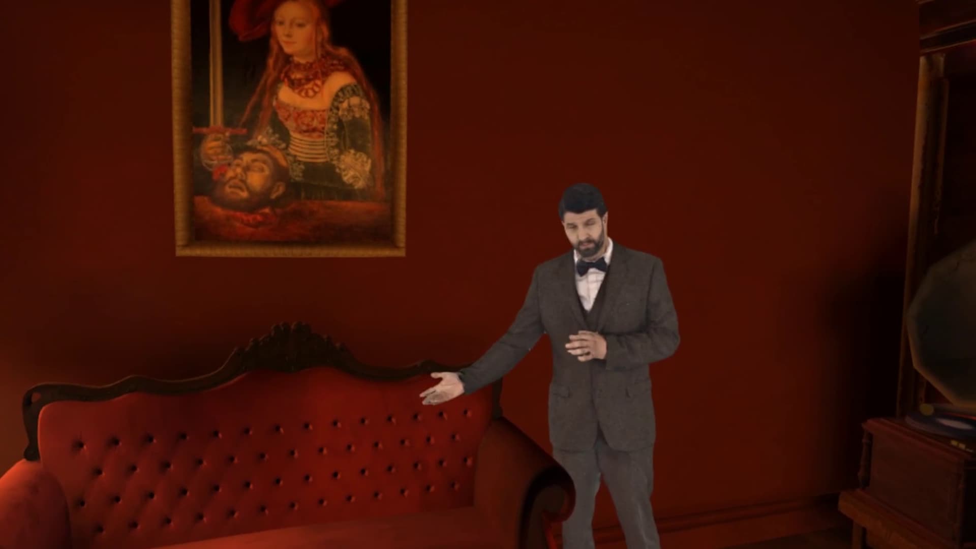 A holographic image of a person in a suit gesturing for the viewer to sit down on a couch beside them