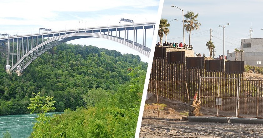 From left to right, the Lewiston-Queenston Bridge and border fencing at San Diego