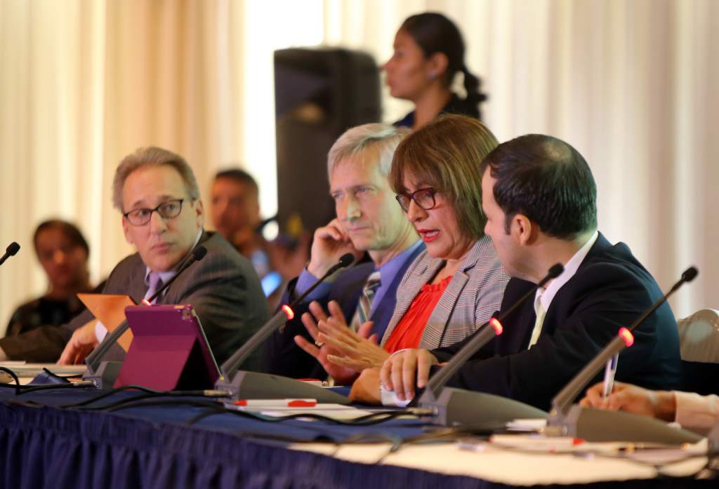 Three men and one woman give a panel presentation