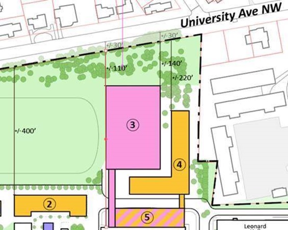 Illustration showing a section of campus, as well as the distance between the campus boundary and the curb, which is about 30 feet.