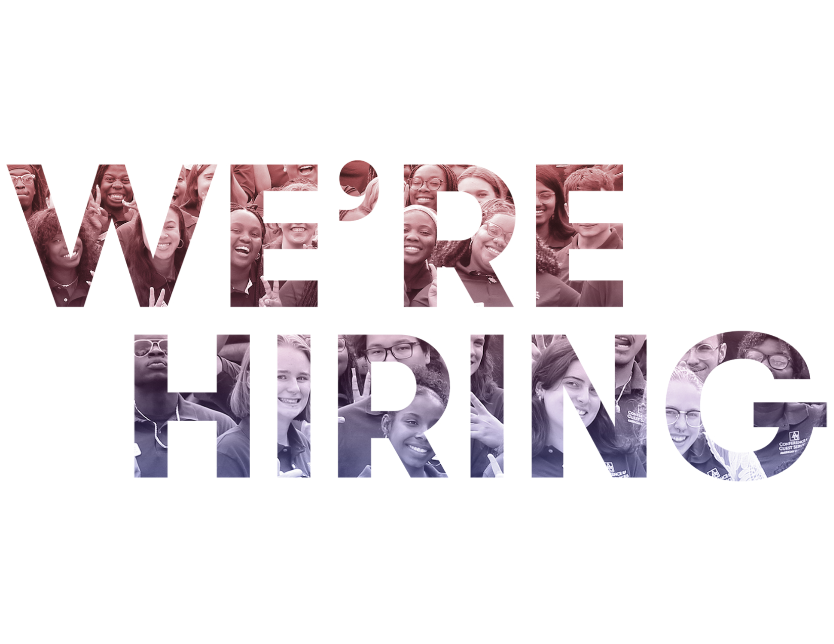 Text stating 'we're hiring' with student staff photo fill