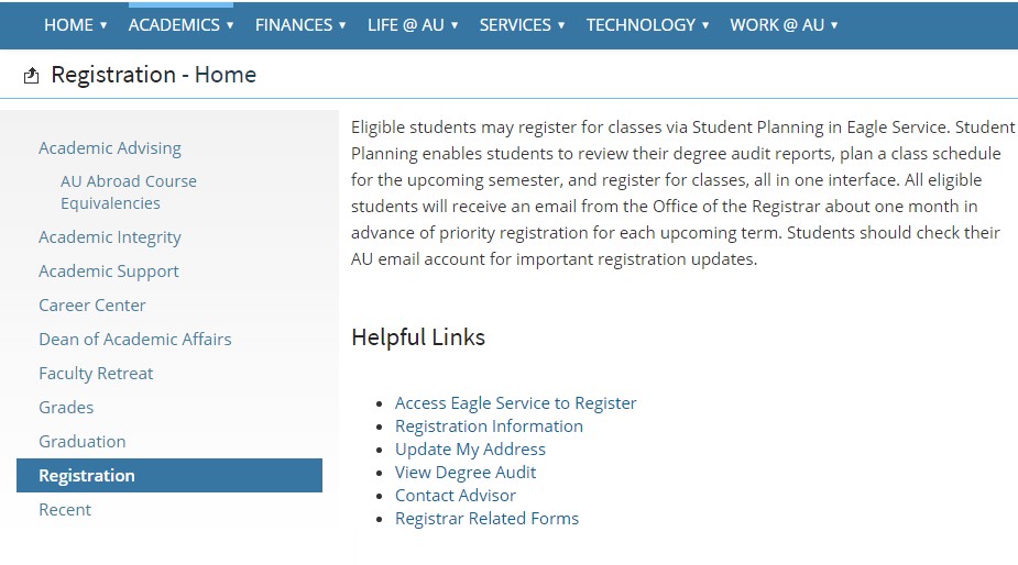 A screenshot from the portal showing the Registration page with various links, including one that says 