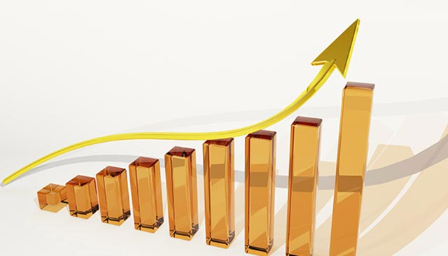 Progressing bar graph, with an arrow going upwards