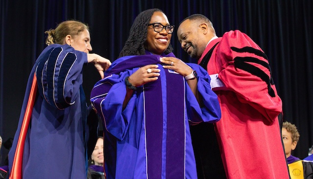 Supreme Court Justice Kentanji Brown on stage with President Burwell and Dean Fairfax