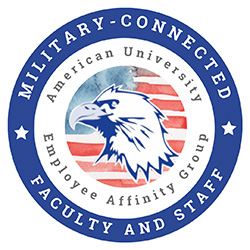 Military Connected Faculty and Staff, American University Affinity Group. Eagle in front of a water color USA flag