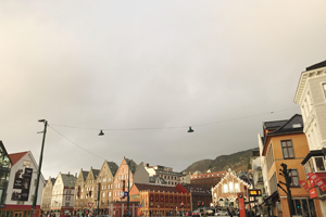 An overcast sky and the rooftops of Norwegian homes