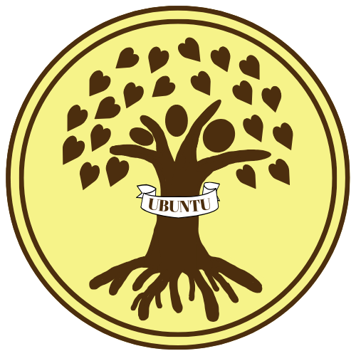 a yellow circle with a brown tree in the center. The tree's trunck looks like people with their arms raised. The tree's leaves look like hearts. In the middle of the tree trunck there is a white banner reading "UBUNTU" in brown text.