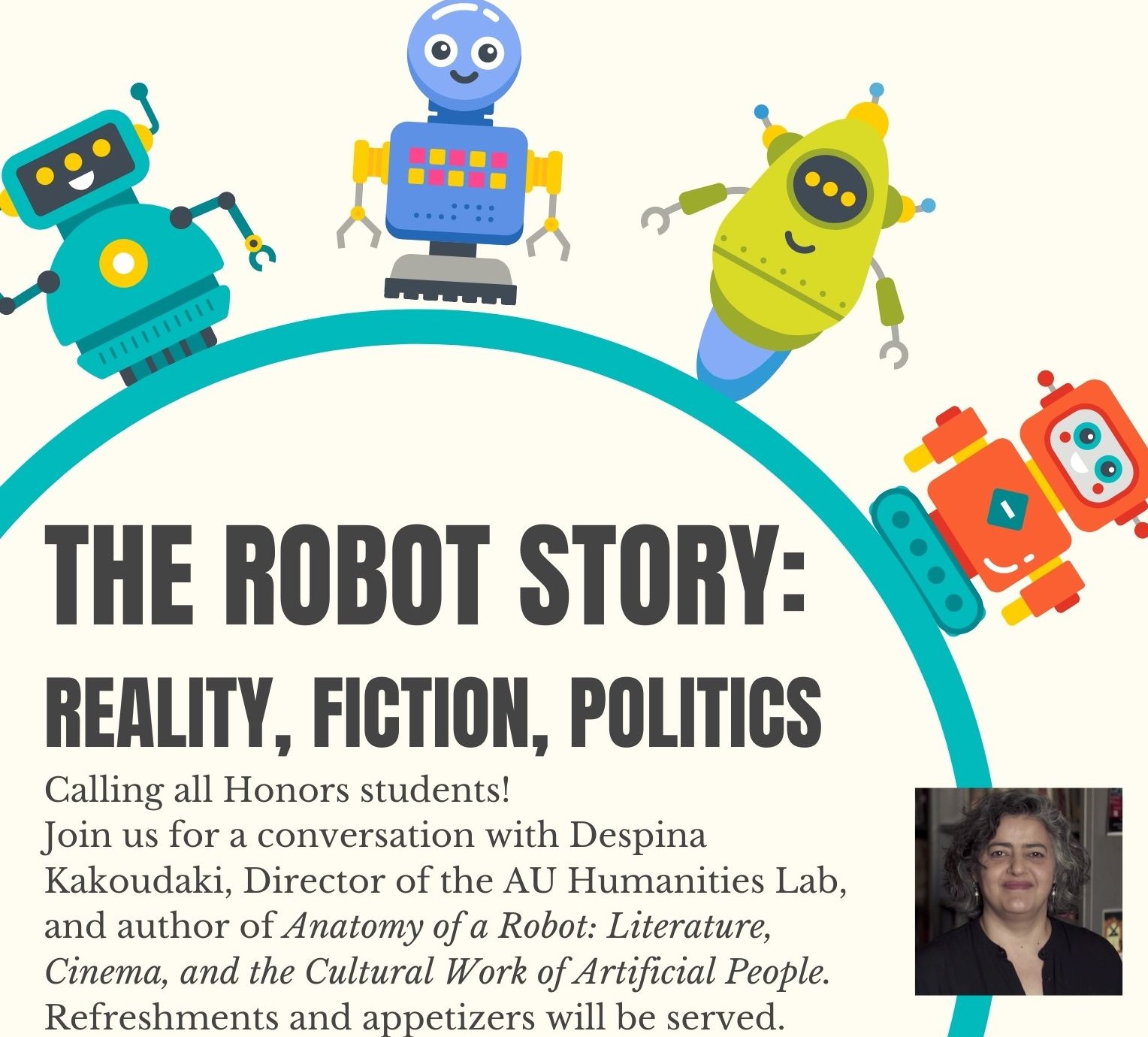 Poster with robot graphics and information about event