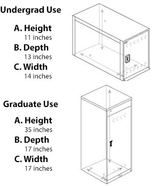 Dimensions for undergrad use are 11 by 13 by 14. Dimensions for Graduate use are 35 by 17 by 17.