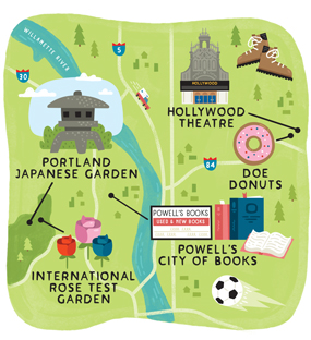 map of Portland with Powell's, Portland Japanese Garden, Doe Donuts, and Hollywood Theatre