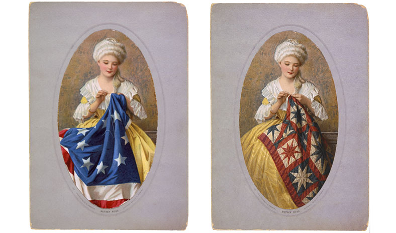 Betsy Ross sewing a flag and Betsy Ross sewing a quilt