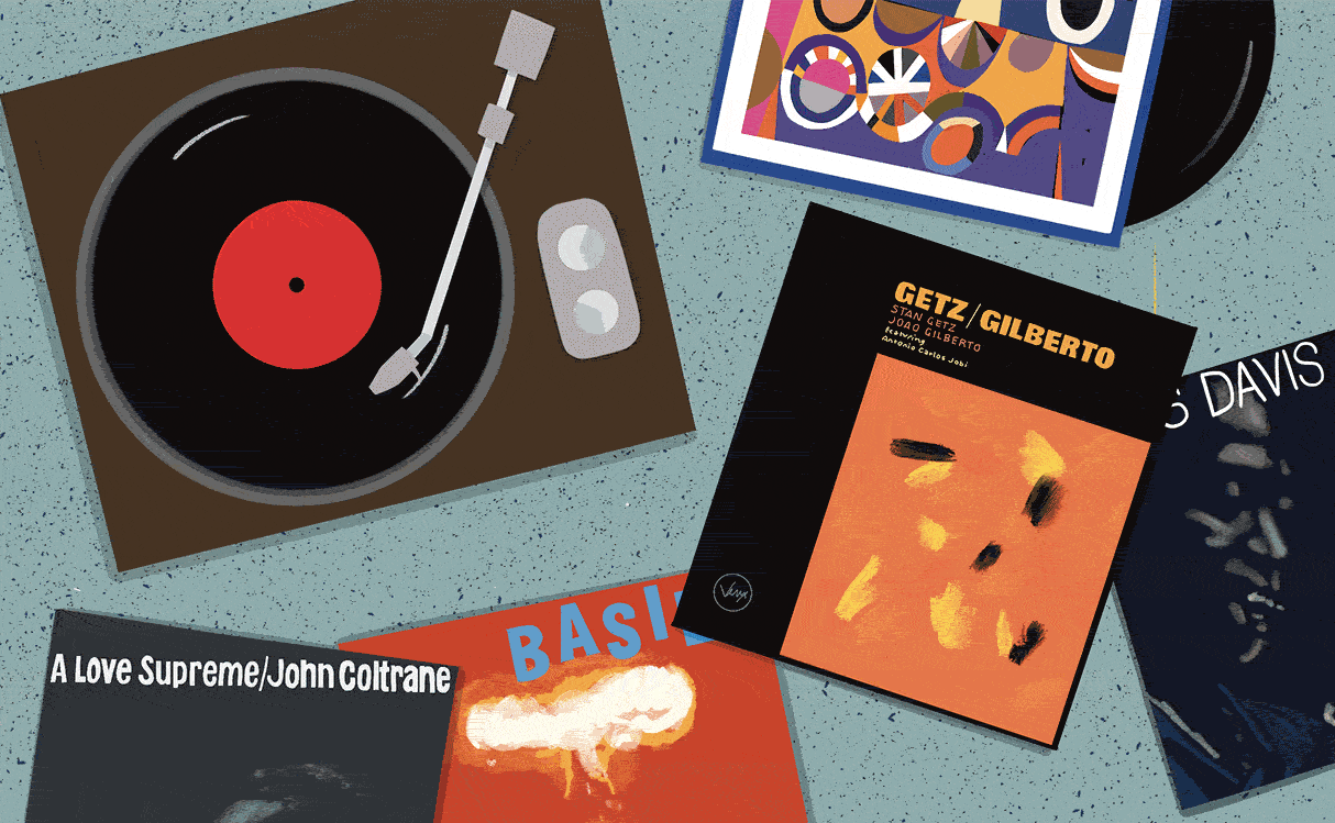 animation of record turning on record player and jazz albums