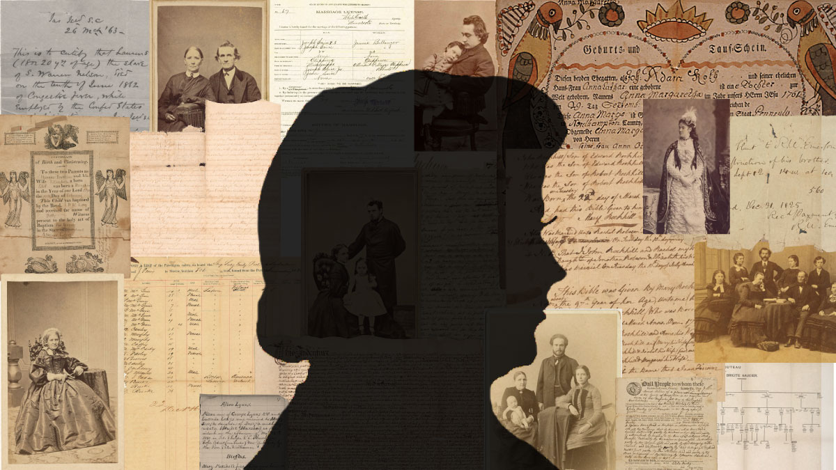 profile of a woman in front of old documents and family photos