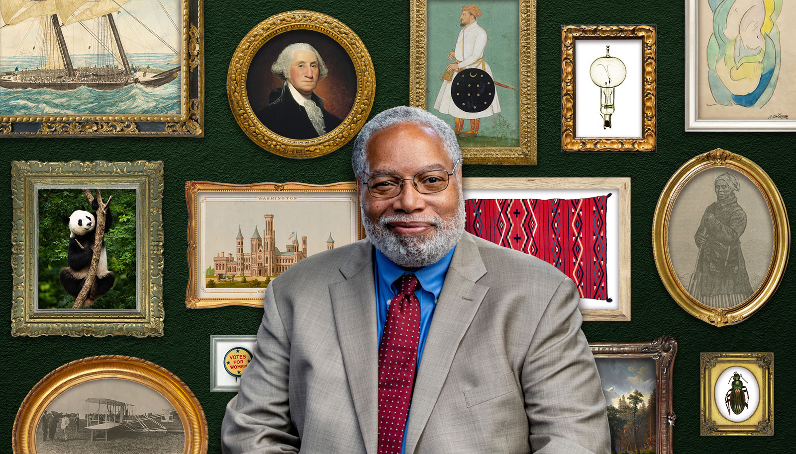 Lonnie Bunch standing in front of a gallery wall