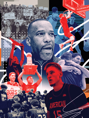 collage of basketball players, Coach Simpkins, and fans