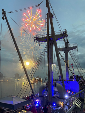 SS American Victory with fireworks