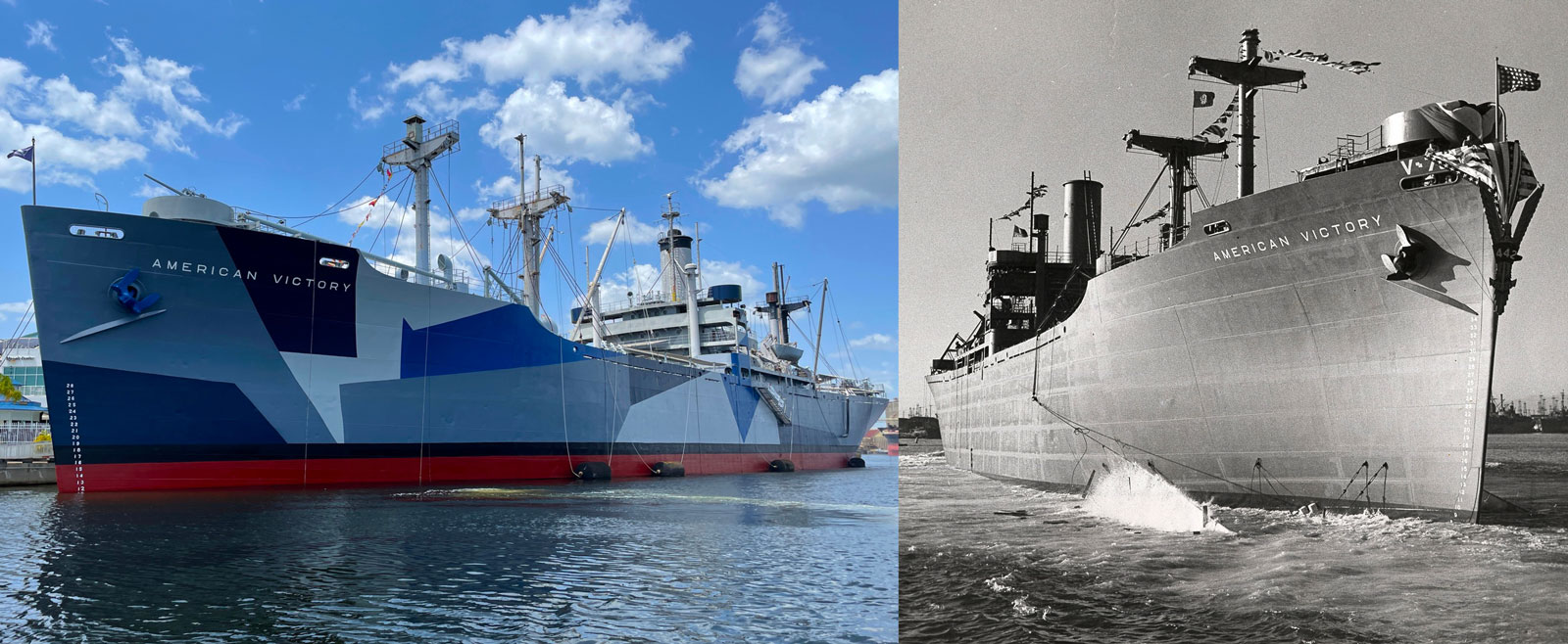 SS Victory restored (at left) and as it appeared in 1944 (at right)