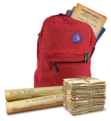 red backpack with parchment paper documents