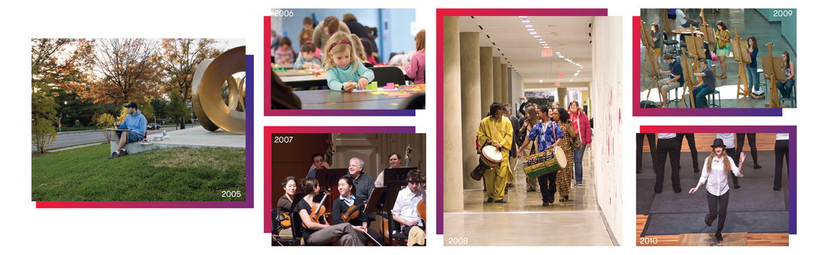 student sketching, girl crafting, orchestra performing