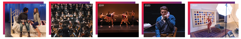 students act, dance, and play instruments and a professor performs on Zoom during the pandemic