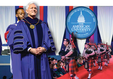 President Jon Alger and bagpipers at his inauguration
