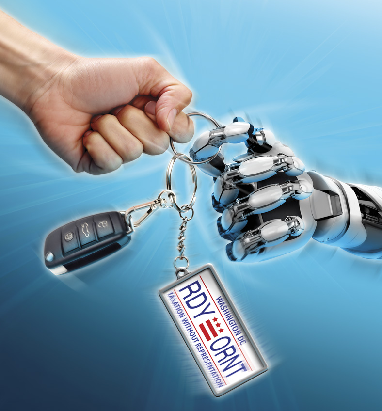 A robot and human hand struggle over car keys with a DC license plate key chain