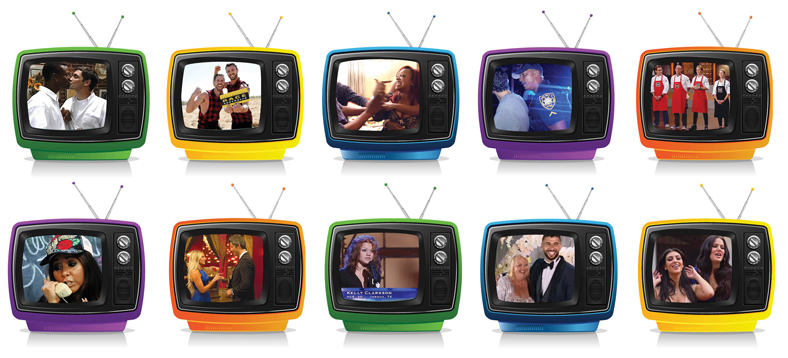 rows of colorful TV sets