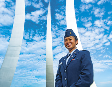 Alexis de Silva stands in front of the Air Force Memorial in Arlington