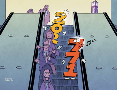 An illustration of 771 standing on the left side of the Metro escalator while 202 looks on angrily