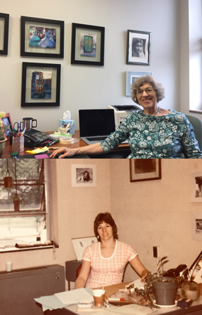 Top: Roberta Rubenstein sits in her AU office present-day. Bottom: Rubenstein sits in her office in the early 1970s