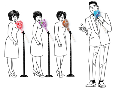 Illustration of a singer and backup singers using Dum Dums as microphones