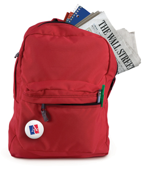 backpack with a Wall Street Journal peaking out