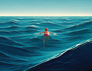 woman in red bathing suit swimming in dark blue waters