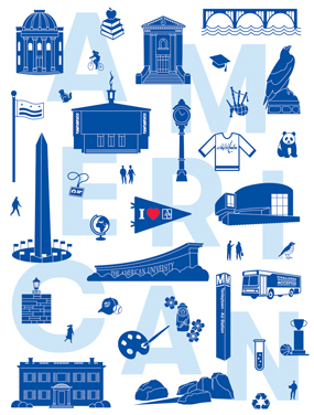 illustration of AU building with the word "American" behind it