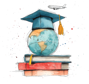 illustrated globe with a mortar board and tassel