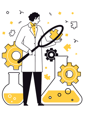 illustration of a scientist holding a giant magnifying glass