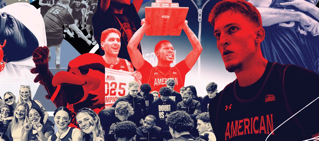 collage of basketball players, Coach Simpkins, and fans