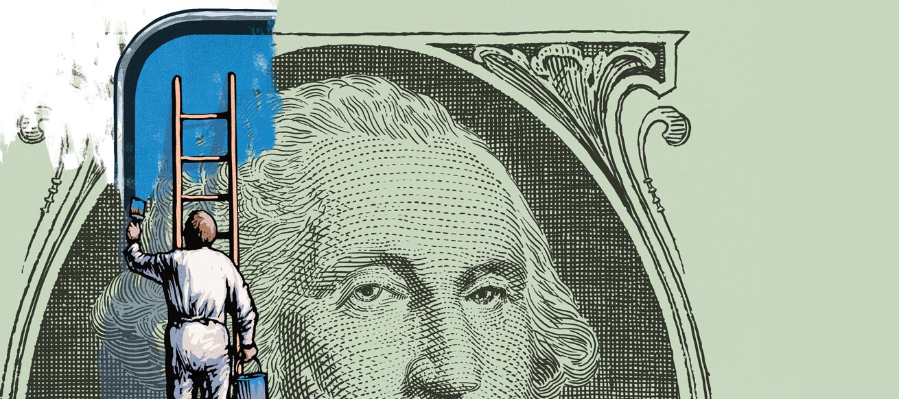 an illustrated paper bill is painted over with a smartphone by a painter on a ladder