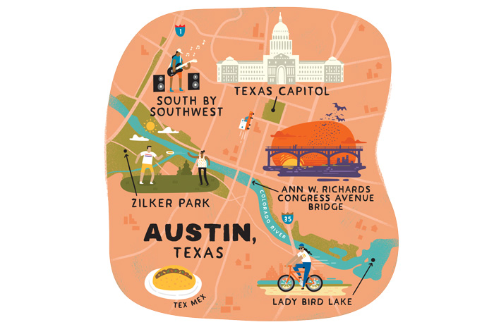 illustrated map of Austin, Texas
