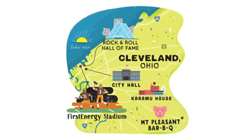 An illustrated map of Cleveland, featuring city hall, the rock and roll hall of fame, firstenergy stadium, karamu house, and mt pleasant bar-b-q