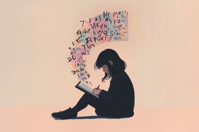illustration of young girl writing in a journal