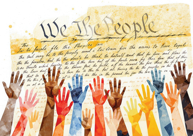Hands raised before the Constitution, which says "We the People"